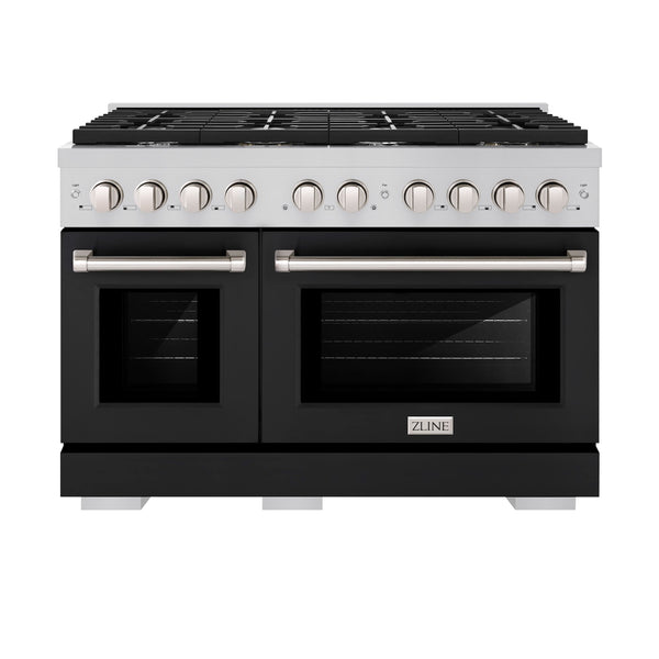 ZLINE 48 in. 6.7 cu. ft. 8 Burner Double Oven Gas Range in Stainless Steel with Black Matte Doors (SGR-BLM-48) front, oven closed.