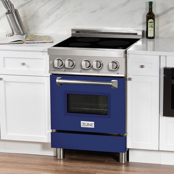 ZLINE 24 in. 2.8 cu. ft. Legacy Induction Range with 4 Element Cooktop and Electric Oven in Stainless Steel and Blue Gloss Door, Open Box-Great Condition
