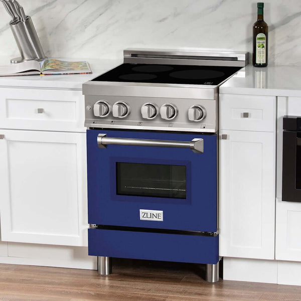 ZLINE 24 in. 2.8 cu. ft. Legacy Induction Range with 4 Element Cooktop and Electric Oven in Stainless Steel and Blue Gloss Door, Open Box-Good Condition