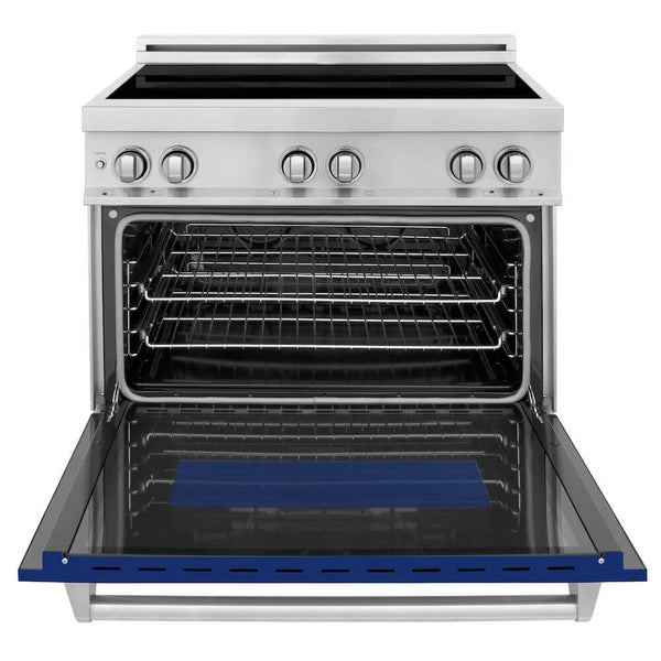 ZLINE 36 in. 4.6 cu. ft. Legacy Induction Range with 5 Element Cooktop and Electric Oven in Stainless Steel and Blue Gloss Door, Open Box-Good Condition