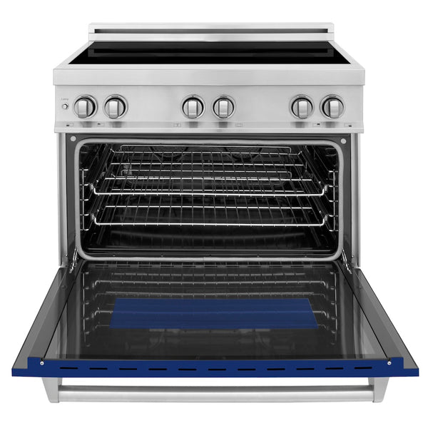 ZLINE 36 in. 4.6 cu. ft. Legacy Induction Range with 5 Element Cooktop and Electric Oven in Stainless Steel and Blue Gloss Door, Open Box-Great Condition