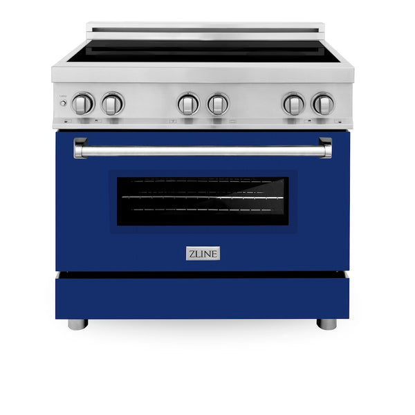ZLINE 36 in. 4.6 cu. ft. Legacy Induction Range with 5 Element Cooktop and Electric Oven in Stainless Steel and Blue Gloss Door, Open Box-Great Condition