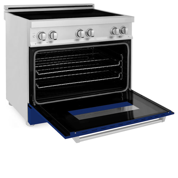 ZLINE 36 in. 4.6 cu. ft. Legacy Induction Range with 5 Element Cooktop and Electric Oven in Stainless Steel and Blue Gloss Door, Open Box-Great Condition