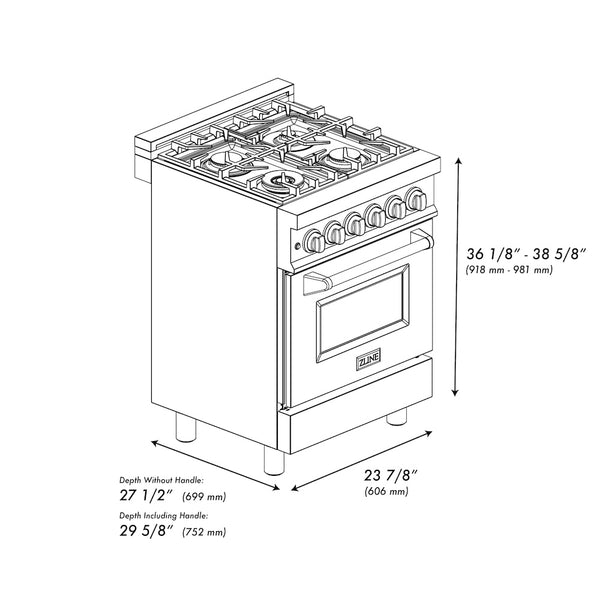 ZLINE 24 in. 2.8 cu. ft. Legacy Dual Fuel Range with 4 Burner Gas Cooktop and Electric Convection Oven in Stainless Steel and Blue Matte Door (RA-BM-24)