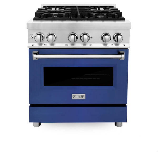 ZLINE 30 in. 4.0 cu. ft. Legacy Dual Fuel Range with 4 Burner Gas Cooktop and Electric Convection Oven in Stainless Steel and Blue Matte Door (RA-BM-30)