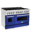 ZLINE 48 in. 6.0 cu. ft. Legacy Dual Fuel Range with 7 Burner Gas Cooktop and 2 Electric Ovens in Stainless Steel and Blue Matte Doors (RA-BM-48)