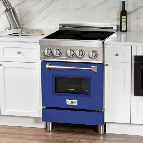 ZLINE 24 in. 2.8 cu. ft. Legacy Induction Range with 4 Element Cooktop and Electric Oven in Stainless Steel and Blue Matte Door, Open Box-Great Condition