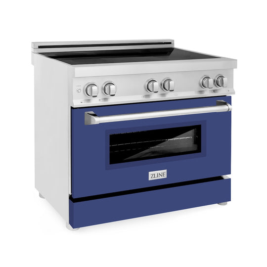 ZLINE 36 in. 4.6 cu. ft. Legacy Induction Range with 5 Element Cooktop and Electric Oven in Stainless Steel and Blue Matte Door, Open Box-Great Condition