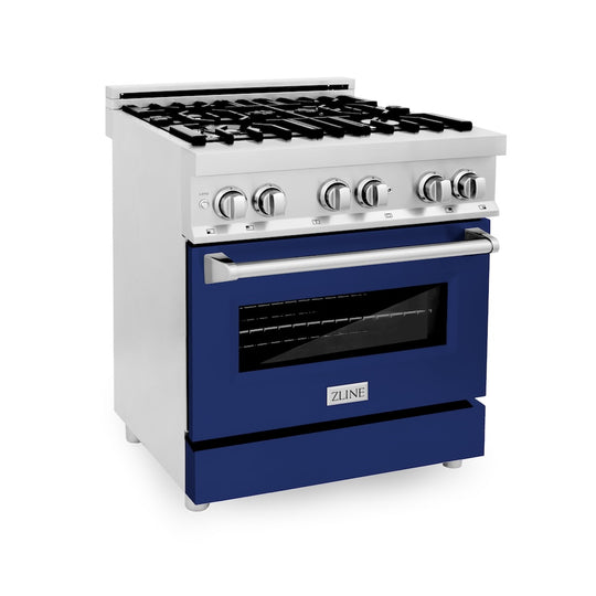 ZLINE 30 in. 4.0 cu. ft. Legacy Dual Fuel Range with 4 Burner Gas Cooktop and Electric Convection Oven in Stainless Steel and Blue Gloss Door (RA-BG-30)