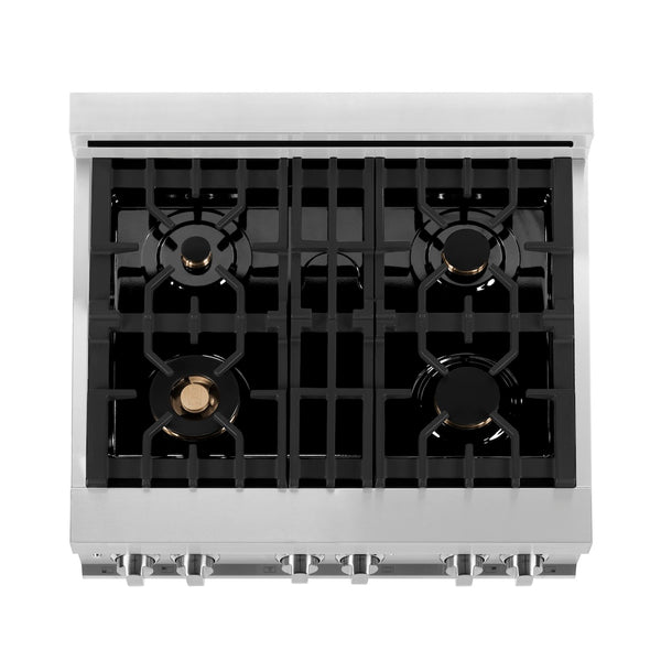 ZLINE 30 in. 4.0 cu. ft. Legacy Dual Fuel Range with Gas Cooktop and Electric Convection Oven in Stainless Steel with 4 Brass Burners (RA-BR-30)