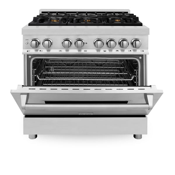 ZLINE 36 in. 4.6 cu. ft. Legacy Dual Fuel Range with Gas Cooktop and Electric Convection Oven in Stainless Steel with 6 Brass Burners (RA-BR-36)