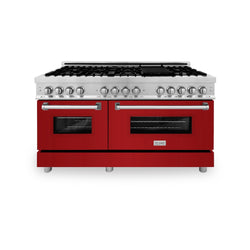ZLINE 60 in. 7.4 cu. ft. Legacy Dual Fuel Range with 9 Burner Gas Cooktop and 2 Electric Convection Ovens in Stainless Steel and Red Gloss Doors (RA-RG-60)