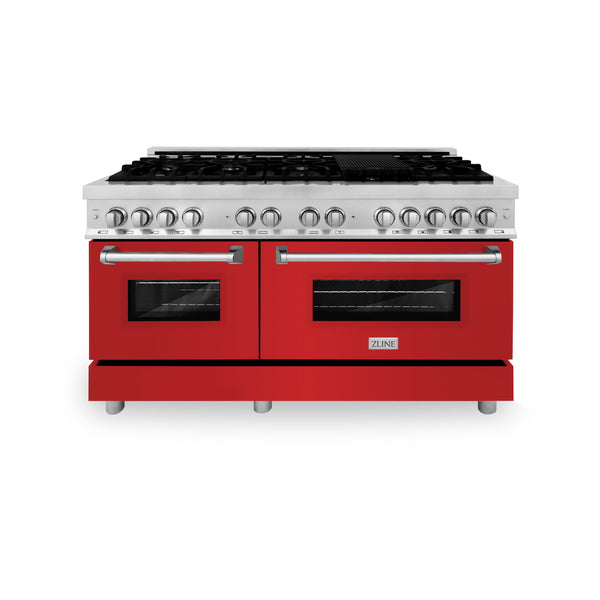 ZLINE 60 in. 7.4 cu. ft. Legacy Dual Fuel Range with 9 Burner Gas Cooktop and 2 Electric Convection Ovens in Stainless Steel and Red Matte Doors (RA-RM-60)