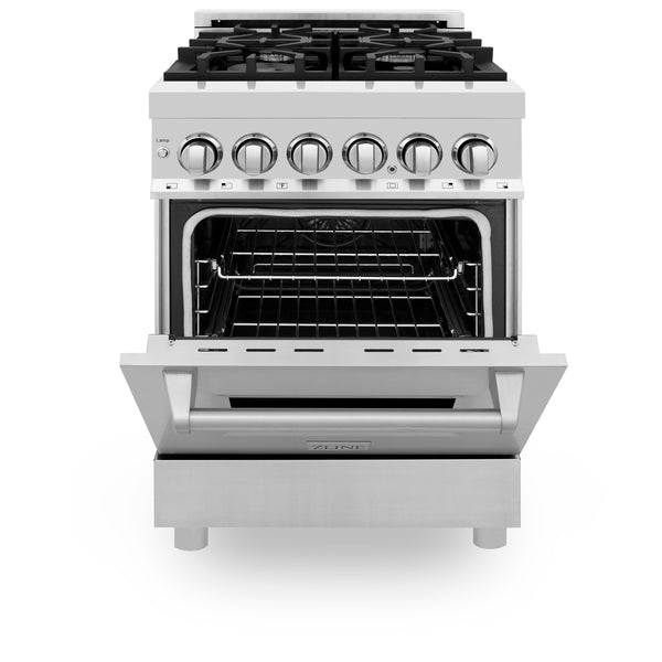 ZLINE 24 in. 2.8 cu. ft. Legacy Dual Fuel Range with 4 Burner Gas Cooktop and Electric Convection Oven in Stainless Steel, Open Box-Great Condition