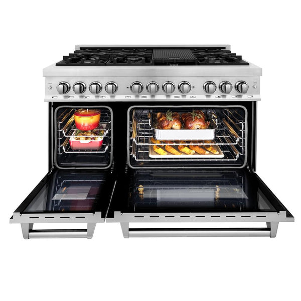 ZLINE Kitchen Package with 36 in. French Door Refrigerator, 48 in. Dual Fuel Range, 48 in. Range Hood, 24 in. Microwave Drawer, 24 in. Tall Tub Dishwasher and 24 in. Wine Cooler in Stainless Steel (6KPR-RARH48-MWDWV-RWV)