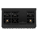 ZLINE 48 in. 6.0 cu. ft. Legacy Dual Fuel Range with Gas Cooktop and 2 Electric Ovens in Black Stainless Steel with Brass Burners (RAB-BR-48) top-down, above cooktop.