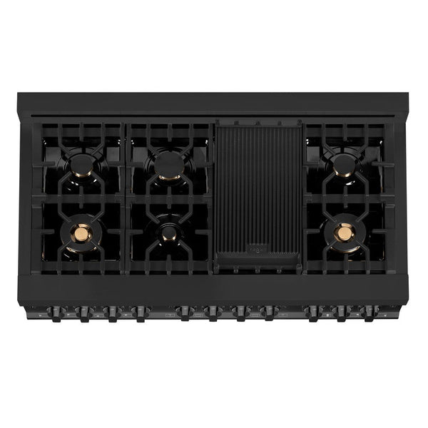 ZLINE 48 in. 6.0 cu. ft. Legacy Dual Fuel Range with Gas Cooktop and 2 Electric Ovens in Black Stainless Steel with Brass Burners (RAB-BR-48) top-down, above cooktop.
