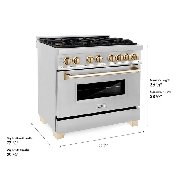 ZLINE Autograph Edition 36 in. 4.6 cu. ft. Legacy Dual Fuel Range with 6 Burner Gas Cooktop and Electric Convection Oven in Stainless Steel and Polished Gold Accents, Open Box-Great Condition