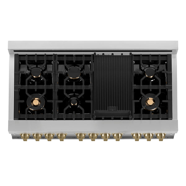 ZLINE Autograph Edition 48 in. 6.0 cu. ft. Legacy Dual Fuel Range with 7 Burner Gas Cooktop and 2 Electric Ovens in Stainless Steel and Champagne Bronze Accents, Open Box-Great Condition
