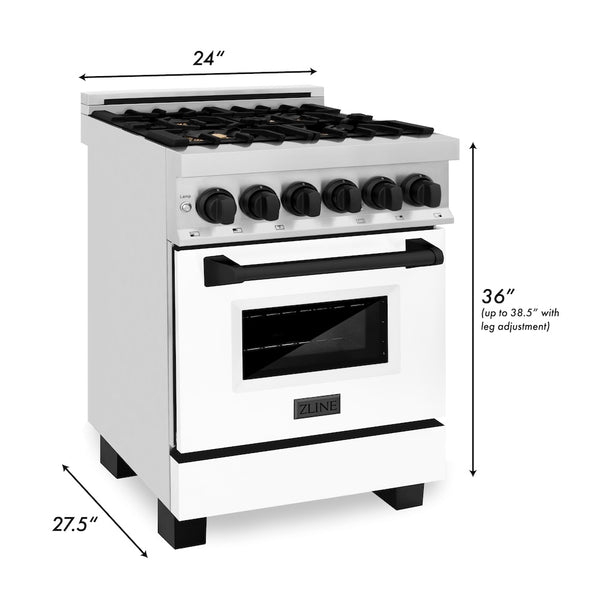 ZLINE Autograph Edition 24 in. 2.8 cu. ft. Legacy Dual Fuel Range with 4 Burner Gas Cooktop and Electric Convection Oven in Stainless Steel with White Matte Door and Matte Black Accents, Open Box-Great Condition