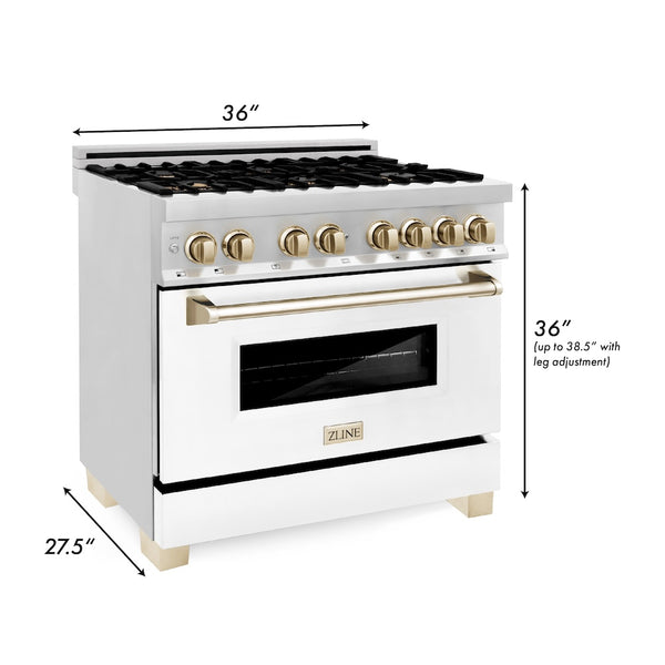 ZLINE Autograph Edition 36 in. 4.6 cu. ft. Legacy Dual Fuel Range with 6 Burner Gas Cooktop and Electric Convection Oven in Stainless Steel with White Matte Door and Polished Gold Accents, Open Box-Great Condition