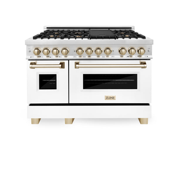 ZLINE 48 in. Autograph Edition Kitchen Package with Stainless Steel Dual Fuel Range with White Matte Door, Range Hood and Dishwasher with Gold Accents (3AKP-RAWMRHDWM48-G)