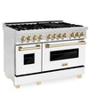 ZLINE 48 in. Autograph Edition Kitchen Package with Stainless Steel Dual Fuel Range with White Matte Door, Range Hood and Dishwasher with Polished Gold  Accents (3AKP-RAWMRHDWM48-G)