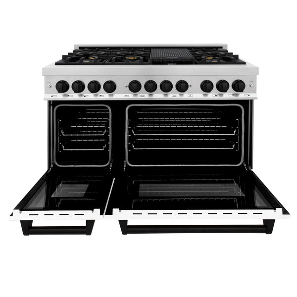ZLINE Autograph Edition 48 in. 6.0 cu. ft. Legacy Dual Fuel Range with 7 Burner Gas Cooktop and 2 Electric Ovens in Stainless Steel with White Matte Doors and Matte Black Accents (RAZ-WM-48-MB)