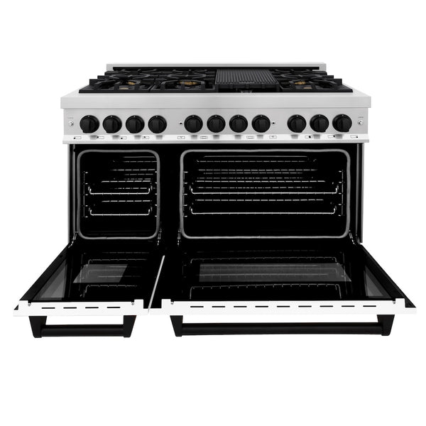 ZLINE Autograph Edition 48 in. 6.0 cu. ft. Legacy Dual Fuel Range with 7 Burner Gas Cooktop and 2 Electric Ovens in Stainless Steel with White Matte Doors and Matte Black Accents, Open Box-Great Condition