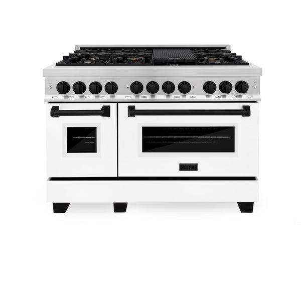 ZLINE Autograph Edition 48 in. 6.0 cu. ft. Legacy Dual Fuel Range with 7 Burner Gas Cooktop and 2 Electric Ovens in Stainless Steel with White Matte Doors and Matte Black Accents, Open Box-Great Condition