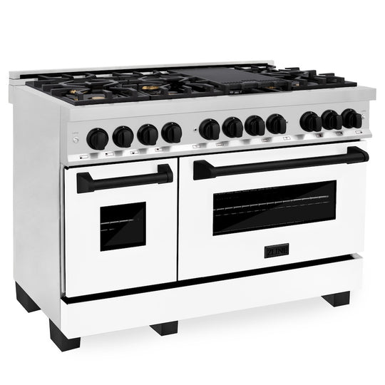 ZLINE Autograph Edition 48 in. 6.0 cu. ft. Legacy Dual Fuel Range with 7 Burner Gas Cooktop and 2 Electric Ovens in Stainless Steel with White Matte Doors and Matte Black Accents, Open Box-Great Condition