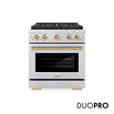 ZLINE Autograph Edition 30 in. 4.2 cu. ft. Paramount Dual Fuel Range with 4 Burner DuoPro™ Cooktop and Electric Convection Oven in Stainless Steel with Champagne Bronze Accents, Open Box-Great Condition