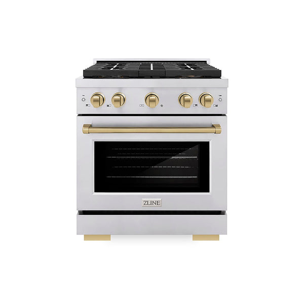 ZLINE Autograph Edition 30 in. 4.2 cu. ft. Paramount Dual Fuel Range with 4 Burner DuoPro™ Cooktop and Electric Convection Oven in Stainless Steel with Champagne Bronze Accents, Open Box-Good Condition
