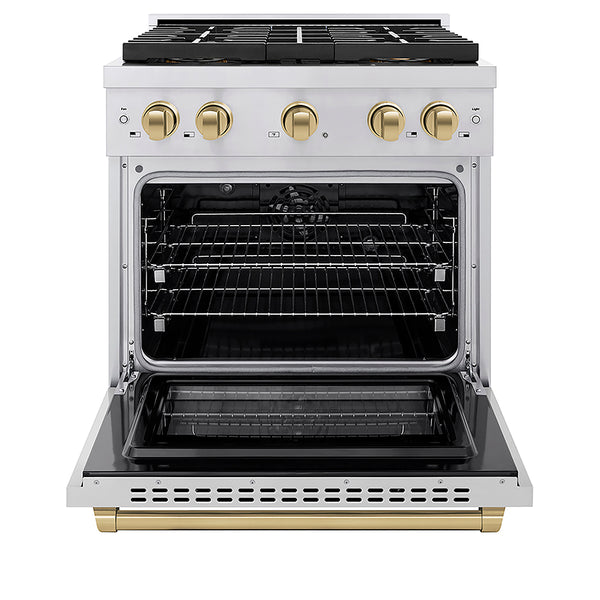 ZLINE Autograph Edition 30 in. 4.2 cu. ft. Paramount Dual Fuel Range with 4 Burner DuoPro™ Cooktop and Electric Convection Oven in Stainless Steel with Champagne Bronze Accents, Open Box-Great Condition