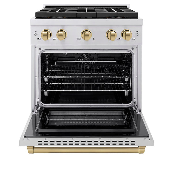 ZLINE Autograph Edition 30 in. 4.2 cu. ft. Paramount Dual Fuel Range with 4 Burner DuoPro™ Cooktop and Electric Convection Oven in Stainless Steel with Champagne Bronze Accents, Open Box-Good Condition
