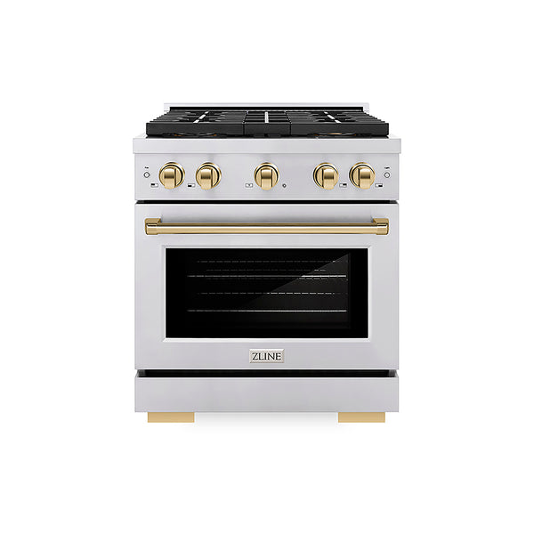 ZLINE Autograph Edition 30 in. 4.2 cu. ft. Paramount Dual Fuel Range with 4 Burner DuoPro™ Cooktop and Electric Convection Oven in Stainless Steel with Polished Gold Accents, Open Box-Great Condition