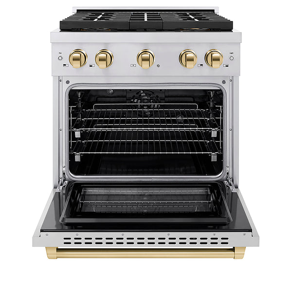 ZLINE Autograph Edition 30 in. 4.2 cu. ft. Paramount Dual Fuel Range with 4 Burner DuoPro™ Cooktop and Electric Convection Oven in Stainless Steel with Polished Gold Accents, Open Box-Great Condition