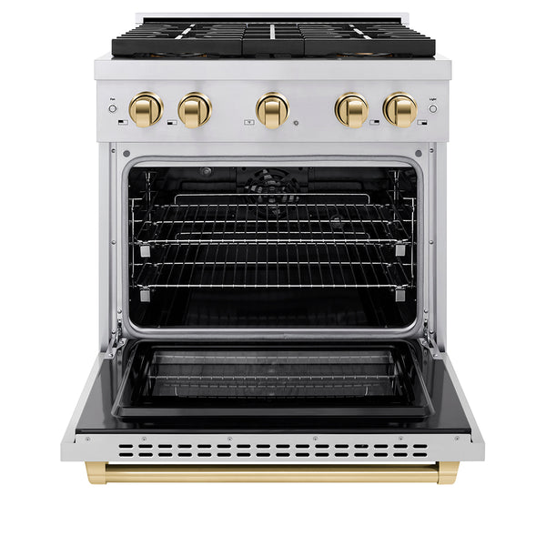 ZLINE Autograph Edition 30 in. 4.2 cu. ft. Paramount Dual Fuel Range with 4 Burner DuoPro™ Cooktop and Electric Convection Oven in Stainless Steel with Champagne Bronze Accents (PSDRZ-30-CB)