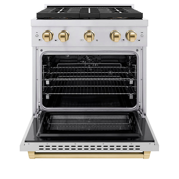 ZLINE Autograph Edition 30 in. 4.2 cu. ft. Paramount Dual Fuel Range with 4 Burner DuoPro™ Cooktop and Electric Convection Oven in Stainless Steel with Polished Gold Accents, Open Box-Good Condition