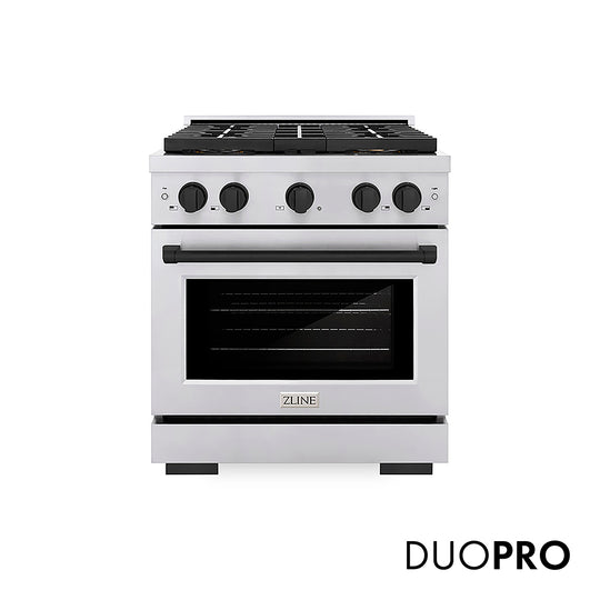 ZLINE Autograph Edition 30 in. 4.2 cu. ft. Paramount Dual Fuel Range with 4 Burner DuoPro™ Cooktop and Electric Convection Oven in Stainless Steel with Matte Black Accents, Open Box-Great Condition