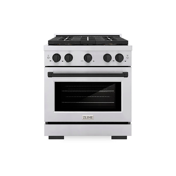 ZLINE Autograph Edition 30 in. 4.2 cu. ft. Paramount Dual Fuel Range with 4 Burner DuoPro™ Cooktop and Electric Convection Oven in Stainless Steel with Matte Black Accents, Open Box-Great Condition