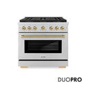 ZLINE Autograph Edition 36 in. 5.2 cu. ft. Paramount Dual Fuel Range with 6 Burner DuoPro™ Cooktop and Electric Convection Oven in Stainless Steel and Champagne Bronze Accents, Open Box-Great Condition