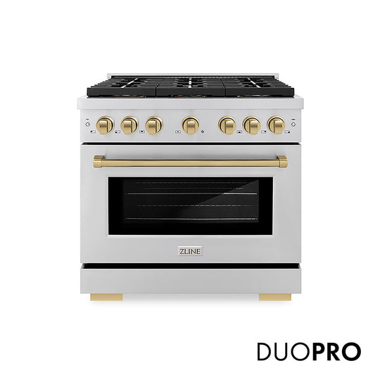 ZLINE Autograph Edition 36 in. 5.2 cu. ft. Paramount Dual Fuel Range with 6 Burner DuoPro™ Cooktop and Electric Convection Oven in Stainless Steel and Champagne Bronze Accents, Open Box-Great Condition
