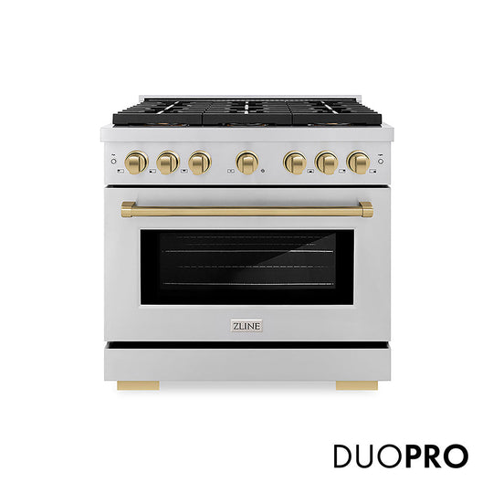 ZLINE Autograph Edition 36 in. 5.2 cu. ft. Paramount Dual Fuel Range with 6 Burner DuoPro™ Cooktop and Electric Convection Oven in Stainless Steel and Champagne Bronze Accents, Open Box-Good Condition
