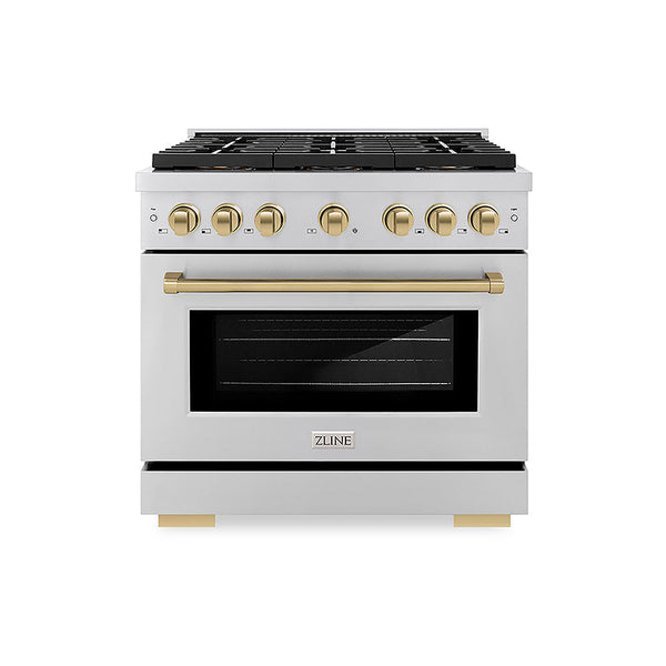 ZLINE Autograph Edition 36 in. 5.2 cu. ft. Paramount Dual Fuel Range with 6 Burner DuoPro™ Cooktop and Electric Convection Oven in Stainless Steel and Champagne Bronze Accents, Open Box-Good Condition