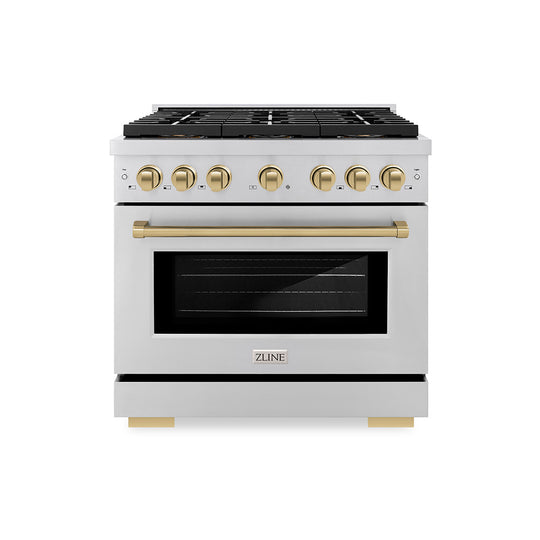 ZLINE Autograph Edition 36 in. 5.2 cu. ft. Paramount Dual Fuel Range with 6 Burner DuoPro™ Cooktop and Electric Convection Oven in Stainless Steel and Champagne Bronze Accents (PSDRZ-36-CB)