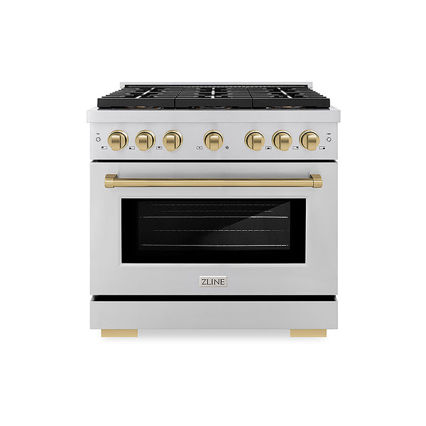 ZLINE Autograph Edition 36 in. 5.2 cu. ft. Paramount Dual Fuel Range with 6 Burner DuoPro™ Cooktop and Electric Convection Oven in Stainless Steel and Champagne Bronze Accents, Open Box-Great Condition