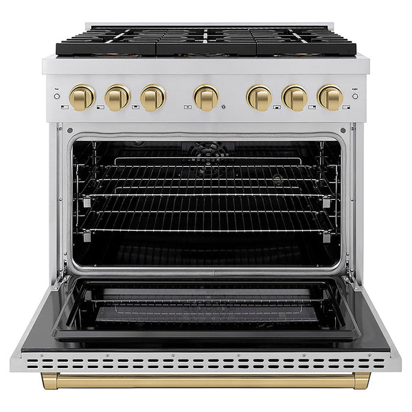 ZLINE Autograph Edition 36 in. 5.2 cu. ft. Paramount Dual Fuel Range with 6 Burner DuoPro™ Cooktop and Electric Convection Oven in Stainless Steel and Champagne Bronze Accents, Open Box-Good Condition