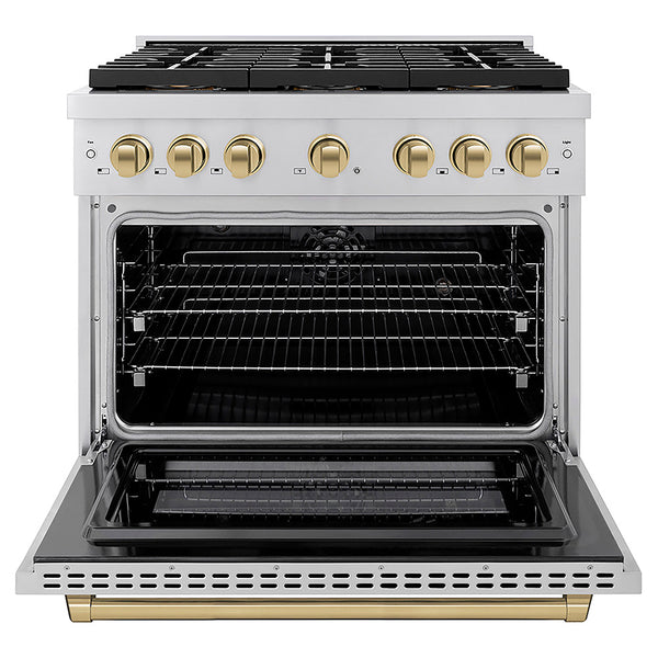 ZLINE Autograph Edition 36 in. 5.2 cu. ft. Paramount Dual Fuel Range with 6 Burner DuoPro™ Cooktop and Electric Convection Oven in Stainless Steel and Champagne Bronze Accents, Open Box-Great Condition