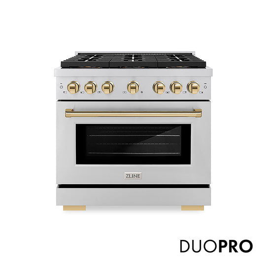 ZLINE Autograph Edition 36 in. 5.2 cu. ft. Paramount Dual Fuel Range with 6 Burner DuoPro™ Cooktop and Electric Convection Oven in Stainless Steel and Polished Gold Accents, Open Box-Great Condition
